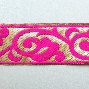 Wholesale Jacquard Floral Border in Fuchsia Pink And Bronze Lace Trim, Approx. 60mm Wide Indian Sari Trim Craft Ribbon Trim By 9 Yards